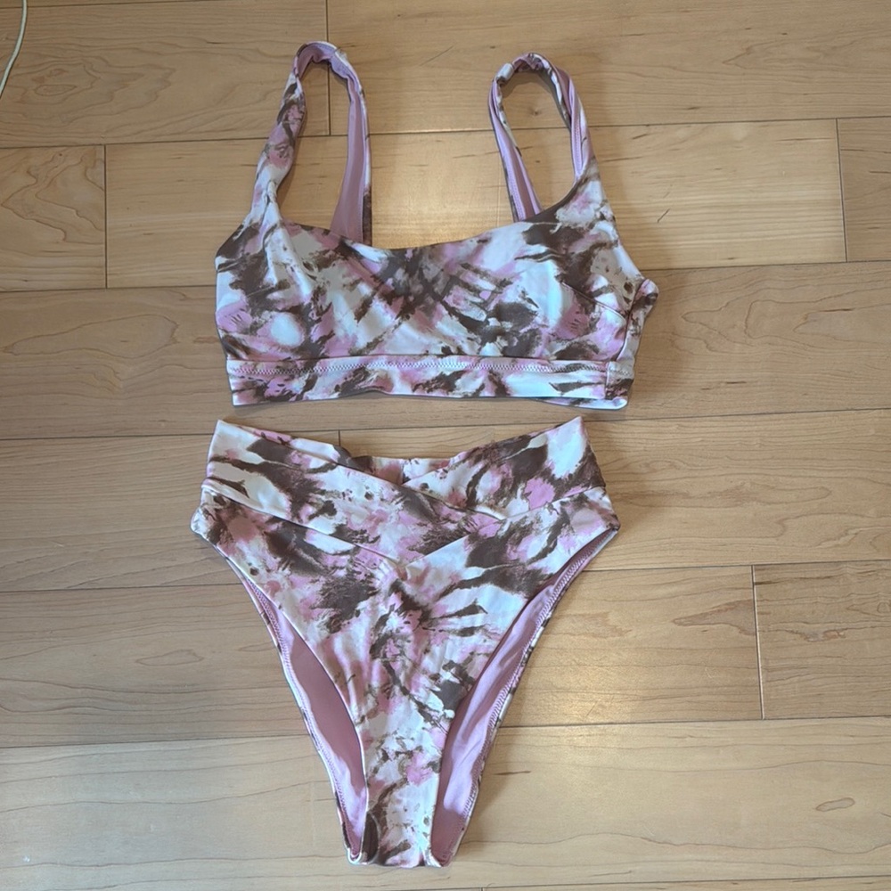 Aerie Pink and Brown Tie-Dye Bikini Set